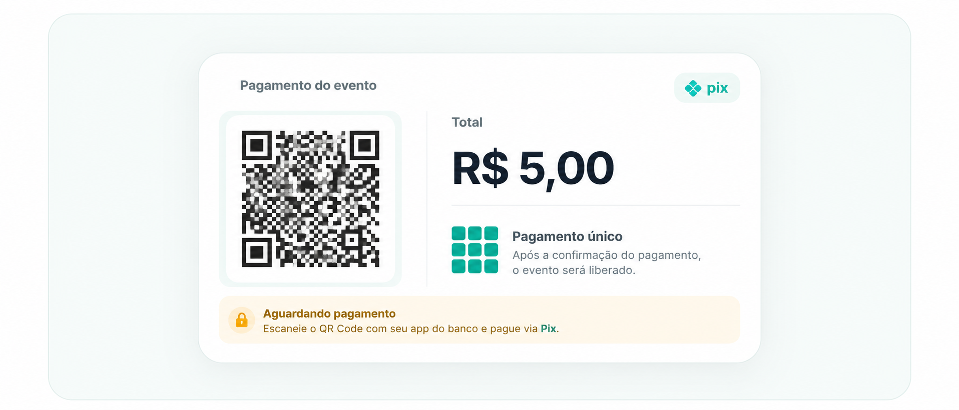 Exemplo de pagamento via Pix do BLM Eventos por R$ 5,00
